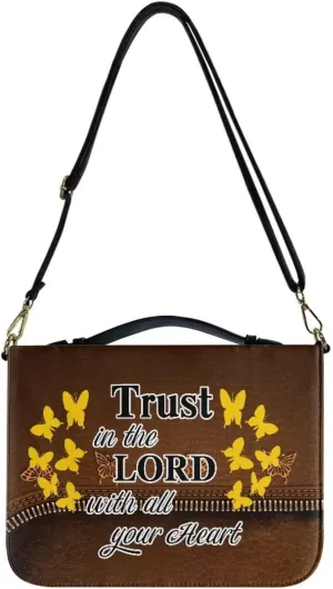 Suobstales Butterfly Sunflower Pattern Bible Cover for Men Women Trust in the Lord PU Leather Carrying Book Case Bible Bag Large Size Bible Case Church Bag Bible Protective with Handle, L