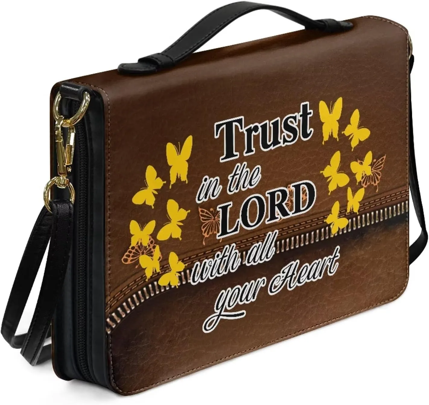 Suobstales Butterfly Sunflower Pattern Bible Cover for Men Women Trust in the Lord PU Leather Carrying Book Case Bible Bag Large Size Bible Case Church Bag Bible Protective with Handle, L