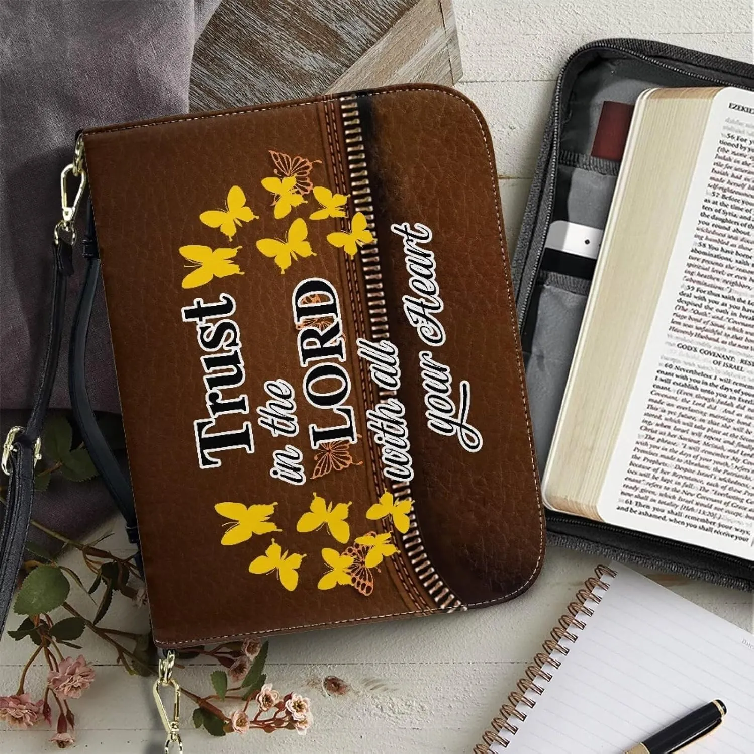 Suobstales Butterfly Sunflower Pattern Bible Cover for Men Women Trust in the Lord PU Leather Carrying Book Case Bible Bag Large Size Bible Case Church Bag Bible Protective with Handle, L