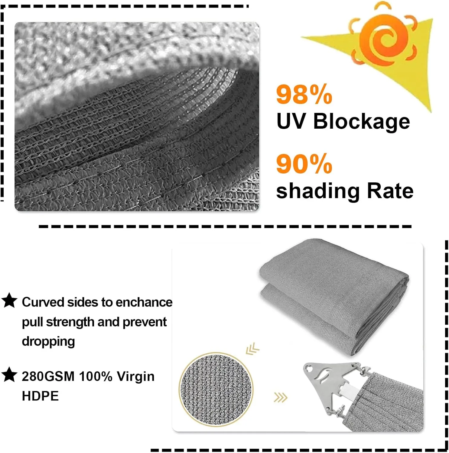 Super Ring 12'x16' Light Gray Rectangle Sun Shade Sail, Commercial Grade UPF50 Canopy, 280 GSM Heavy Duty Fabric, 98% UV Blockage, Reinforced Corners & Edges Design
