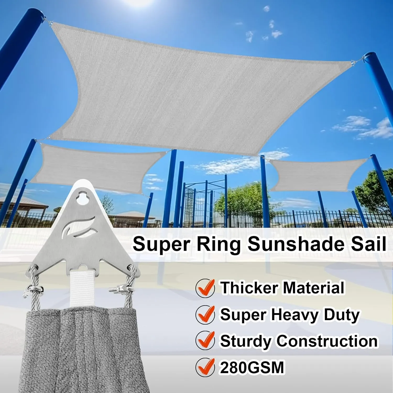 Super Ring 12'x16' Light Gray Rectangle Sun Shade Sail, Commercial Grade UPF50 Canopy, 280 GSM Heavy Duty Fabric, 98% UV Blockage, Reinforced Corners & Edges Design