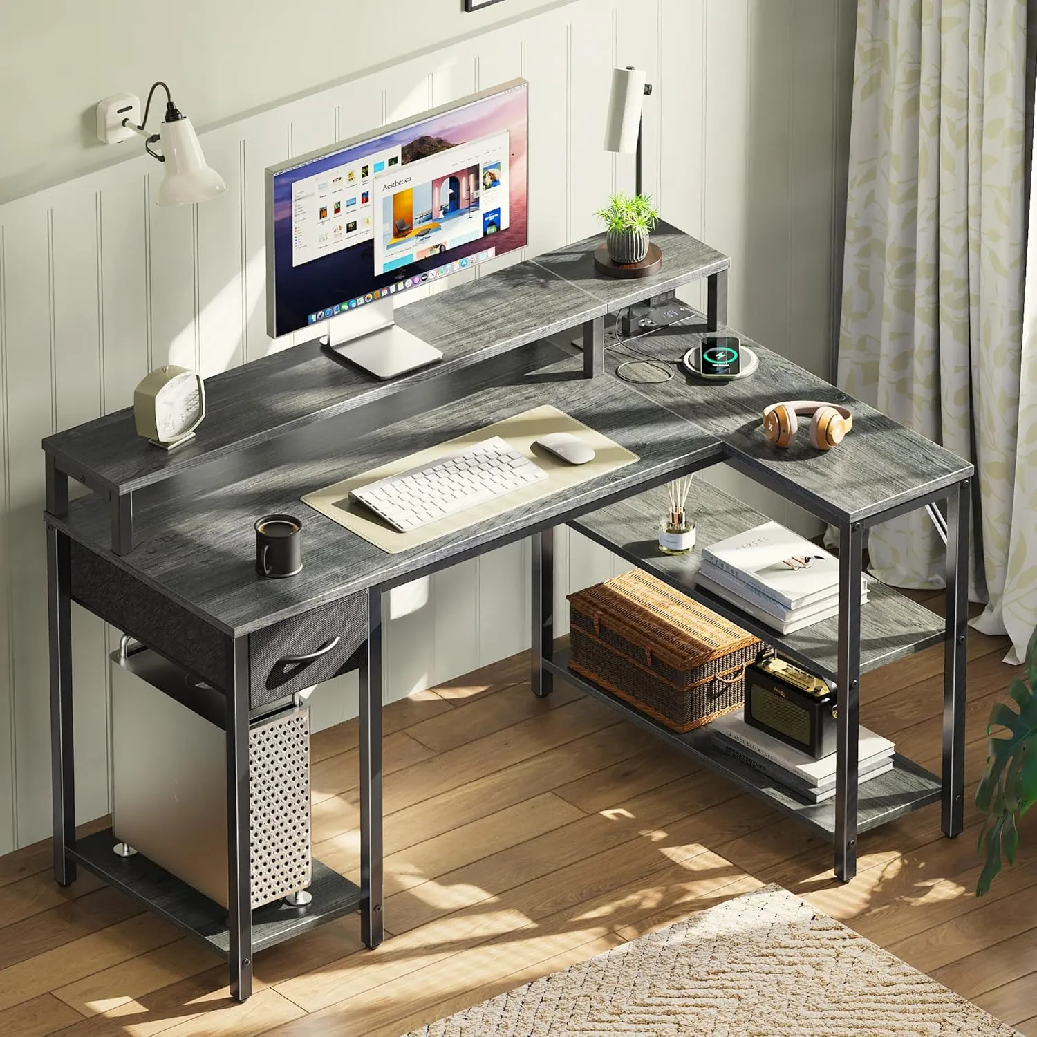 SUPERJARE 47 inch Reversible L Shaped Desk with LED Lights & Power Outlets, Computer Desk with Shelves & Monitor Stand, Gaming Desk with Drawer, Home Office Desk Corner Desk, Grey