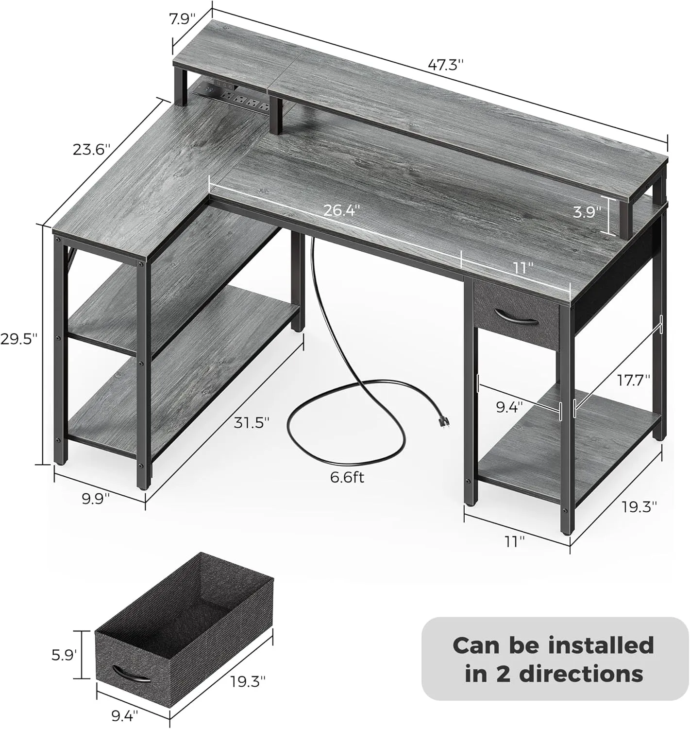 SUPERJARE 47 inch Reversible L Shaped Desk with LED Lights & Power Outlets, Computer Desk with Shelves & Monitor Stand, Gaming Desk with Drawer, Home Office Desk Corner Desk, Grey