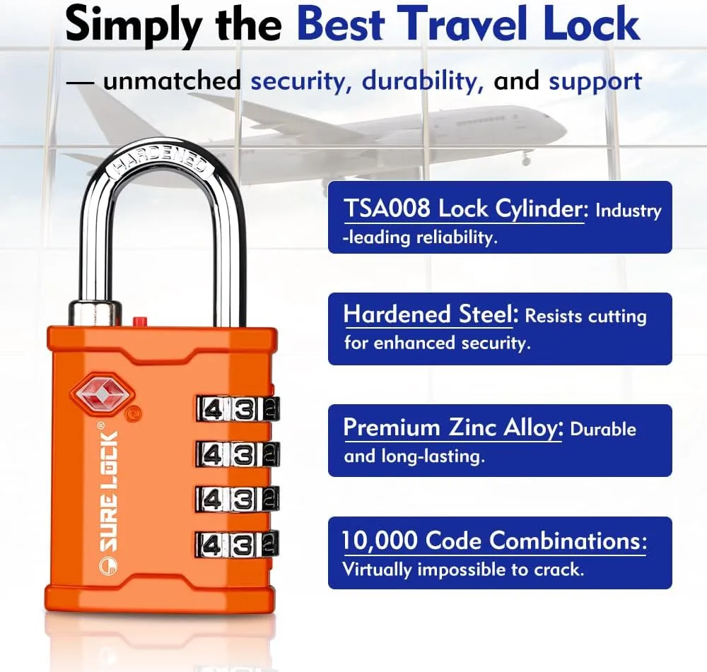 SURE LOCK TSA Accepted 4 Dig Heavy Duty Big Combination Luggage Padlock All Metal Travel Lock for Equipment Hard Case Luggage Gun Case Gym Locker Pelican Vault Lock (2, Orange)