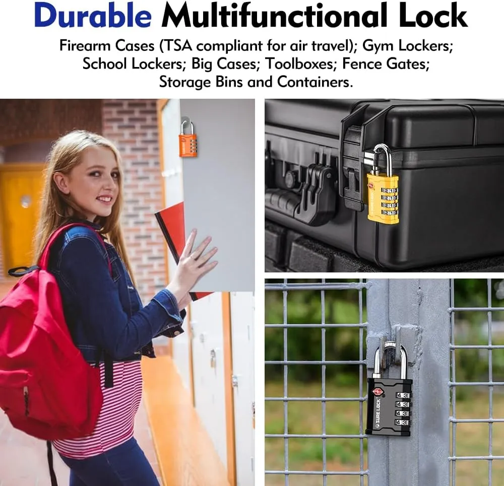 SURE LOCK TSA Accepted 4 Dig Heavy Duty Big Combination Luggage Padlock All Metal Travel Lock for Equipment Hard Case Luggage Gun Case Gym Locker Pelican Vault Lock (2, Orange)