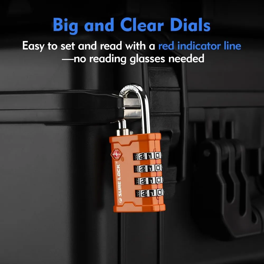 SURE LOCK TSA Accepted 4 Dig Heavy Duty Big Combination Luggage Padlock All Metal Travel Lock for Equipment Hard Case Luggage Gun Case Gym Locker Pelican Vault Lock (2, Orange)