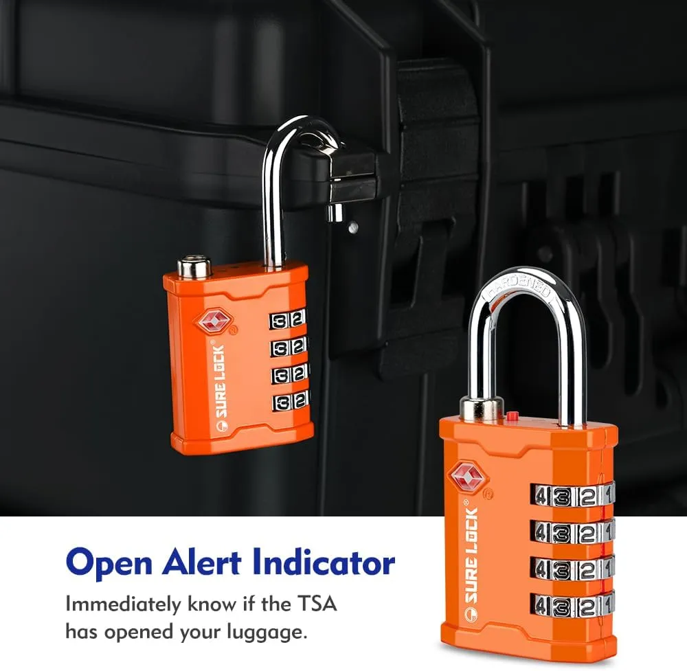 SURE LOCK TSA Accepted 4 Dig Heavy Duty Big Combination Luggage Padlock All Metal Travel Lock for Equipment Hard Case Luggage Gun Case Gym Locker Pelican Vault Lock (2, Orange)