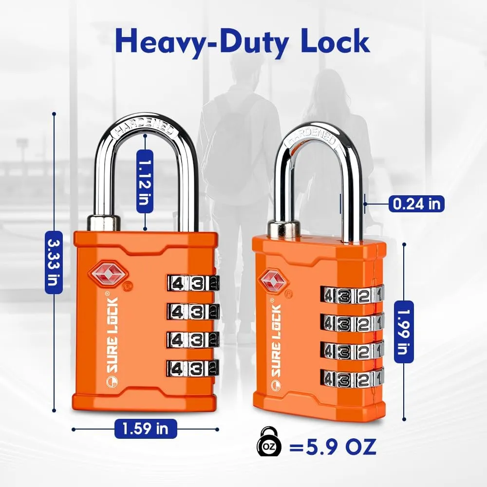 SURE LOCK TSA Accepted 4 Dig Heavy Duty Big Combination Luggage Padlock All Metal Travel Lock for Equipment Hard Case Luggage Gun Case Gym Locker Pelican Vault Lock (2, Orange)
