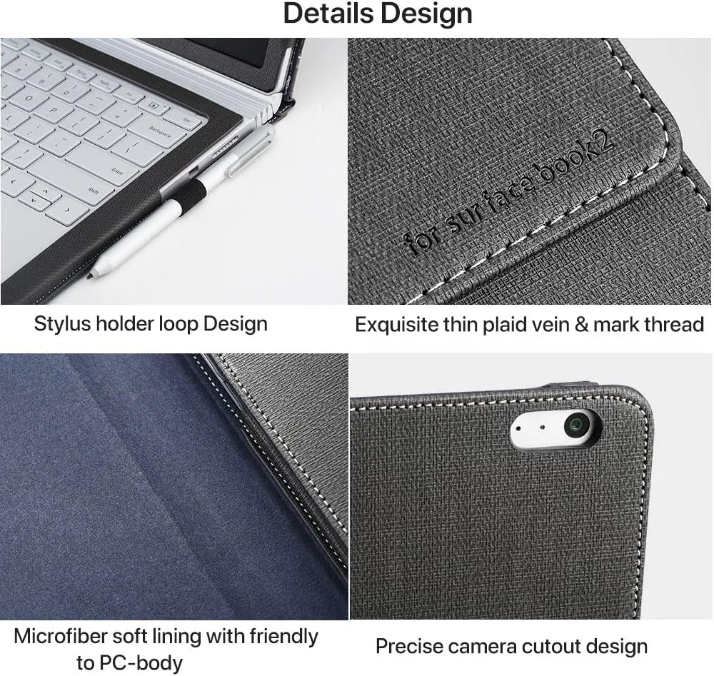 Surface Book 3/2 (15 inch) Sleeve Case, Ronuo Synthetic Leather Detachable Magnetic Adsorption with Elastic Bandage [Stylus Holder Loop] Folio Flip Breathable Protective Case Cover (Navy Blue)
