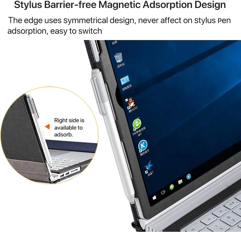 Surface Book 3/2 (15 inch) Sleeve Case, Ronuo Synthetic Leather Detachable Magnetic Adsorption with Elastic Bandage [Stylus Holder Loop] Folio Flip Breathable Protective Case Cover (Navy Blue)