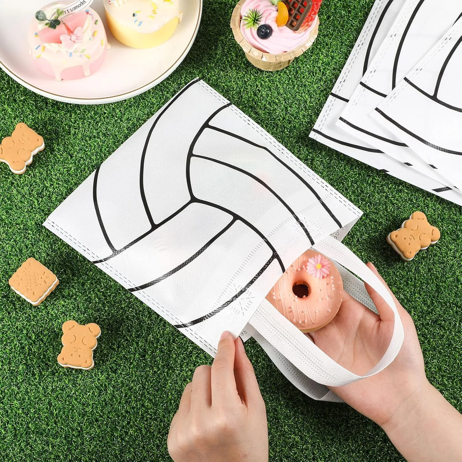Sweetude 12 Pcs Volleyball Party Gift Bags Sports Theme Candy Goodie Bags 7.8 x 7.8 Inch Volleyball Non Woven Totes with Handles for Sports Party Favors Birthday Decor Supplies