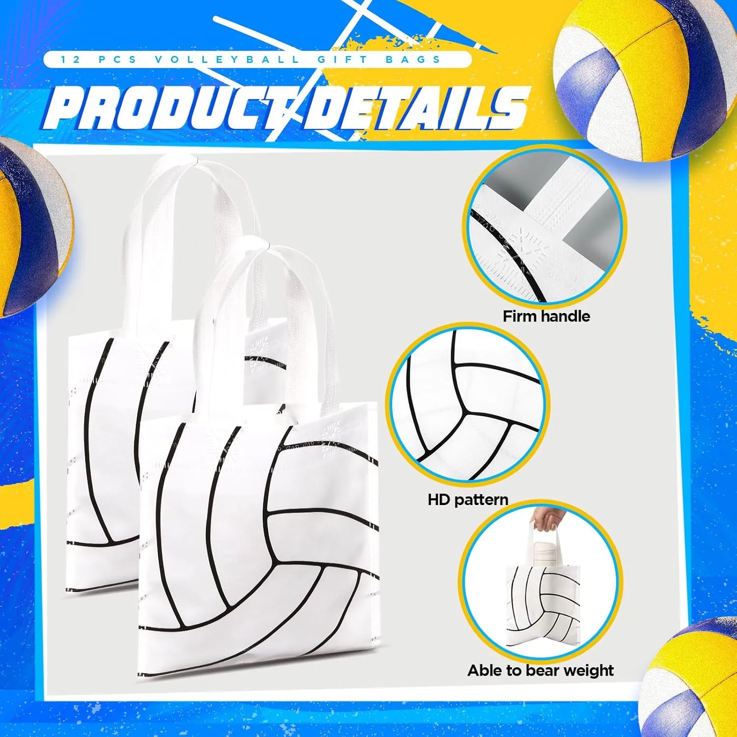 Sweetude 12 Pcs Volleyball Party Gift Bags Sports Theme Candy Goodie Bags 7.8 x 7.8 Inch Volleyball Non Woven Totes with Handles for Sports Party Favors Birthday Decor Supplies