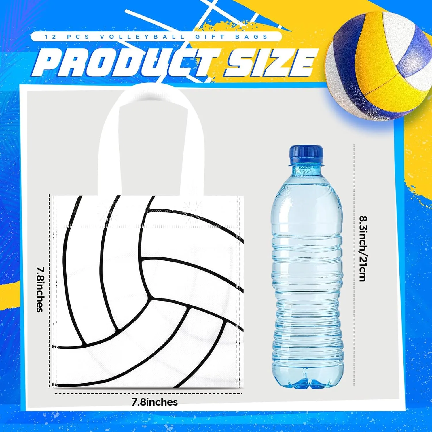 Sweetude 12 Pcs Volleyball Party Gift Bags Sports Theme Candy Goodie Bags 7.8 x 7.8 Inch Volleyball Non Woven Totes with Handles for Sports Party Favors Birthday Decor Supplies