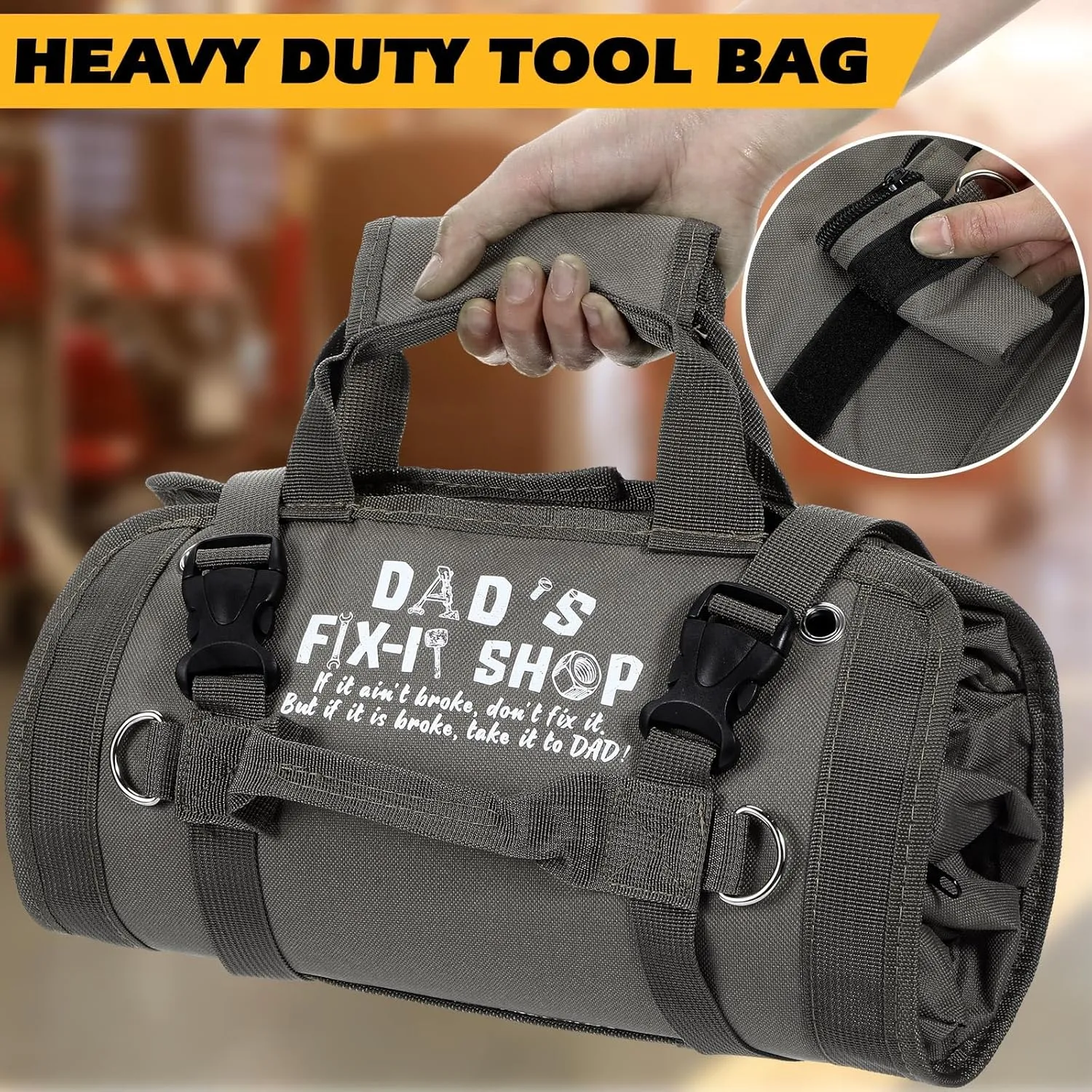 Sweetude Roll up Tool Bag and Kraft Paper Box Set for Men Heavy Duty Tool Bag Portable Tool Bag with Shoulder Strap and 2 Detachable Pockets Survival Kit for Dad Gifts(Gray)