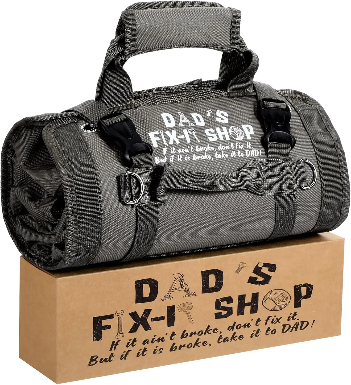 Sweetude Roll up Tool Bag and Kraft Paper Box Set for Men Heavy Duty Tool Bag Portable Tool Bag with Shoulder Strap and 2 Detachable Pockets Survival Kit for Dad Gifts(Gray)