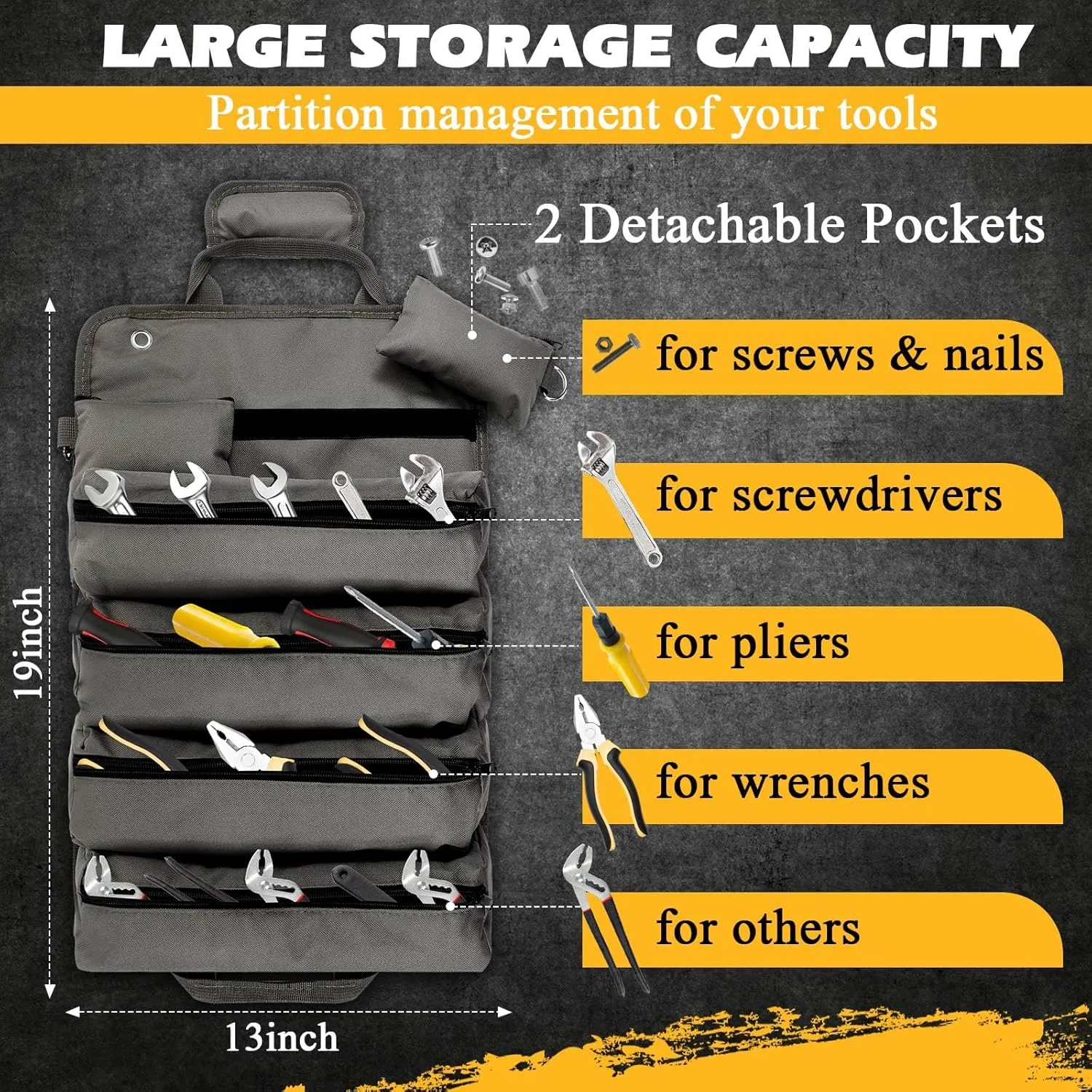 Sweetude Roll up Tool Bag and Kraft Paper Box Set for Men Heavy Duty Tool Bag Portable Tool Bag with Shoulder Strap and 2 Detachable Pockets Survival Kit for Dad Gifts(Gray)