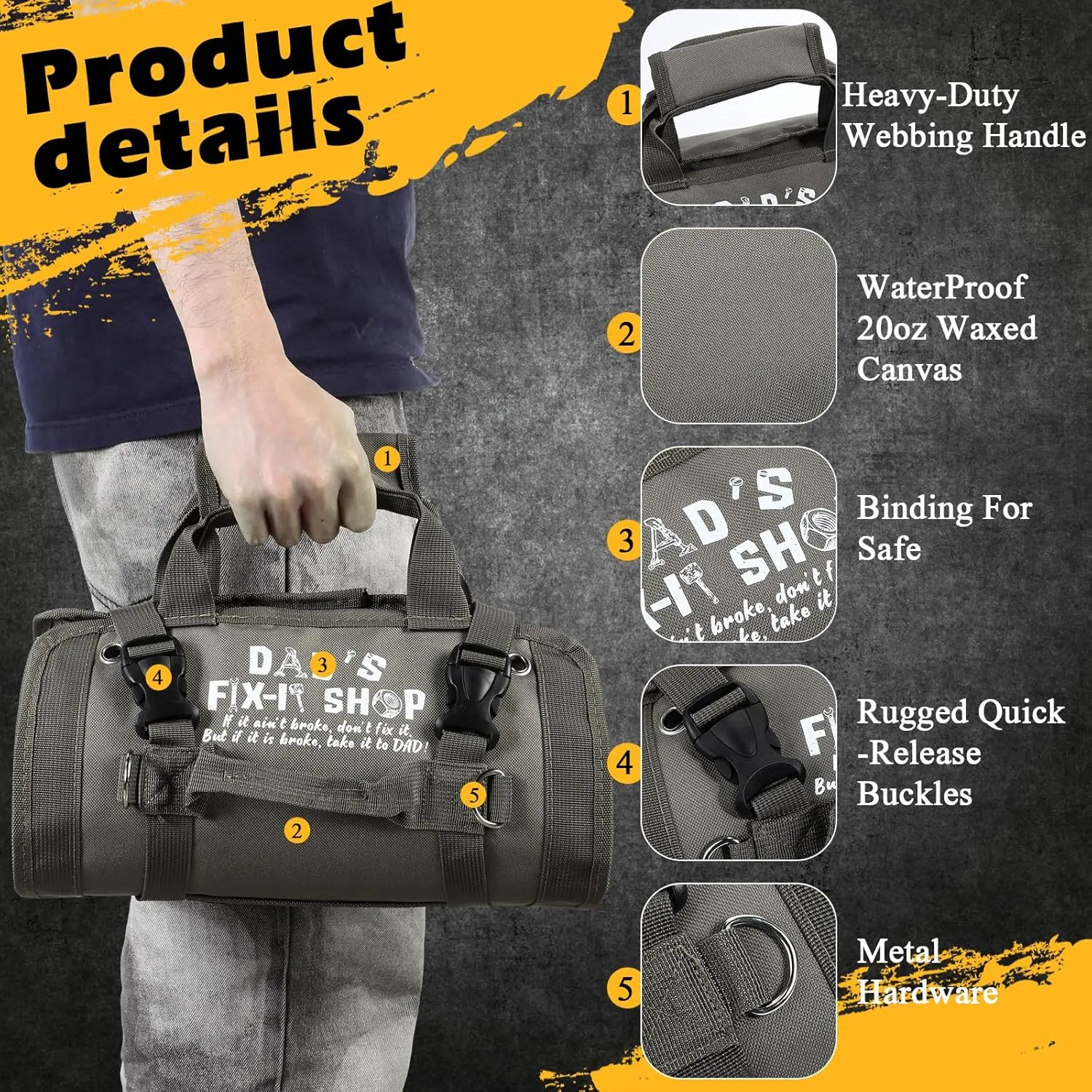 Sweetude Roll up Tool Bag and Kraft Paper Box Set for Men Heavy Duty Tool Bag Portable Tool Bag with Shoulder Strap and 2 Detachable Pockets Survival Kit for Dad Gifts(Gray)