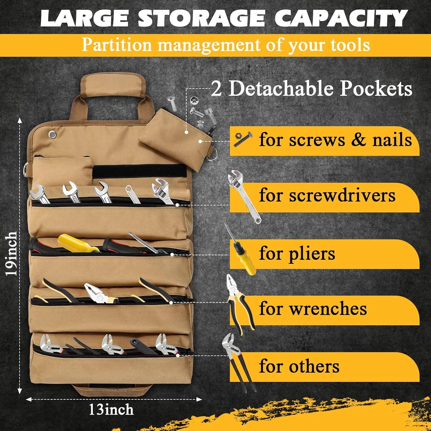 Sweetude Roll up Tool Bag and Kraft Paper Box Set for Men Heavy Duty Tool Bag Portable Tool Bag with Shoulder Strap and 2 Detachable Pockets Survival Kit for Dad Gifts(Khaki)