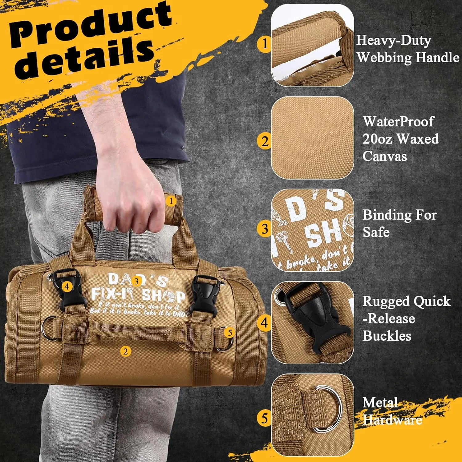 Sweetude Roll up Tool Bag and Kraft Paper Box Set for Men Heavy Duty Tool Bag Portable Tool Bag with Shoulder Strap and 2 Detachable Pockets Survival Kit for Dad Gifts(Khaki)