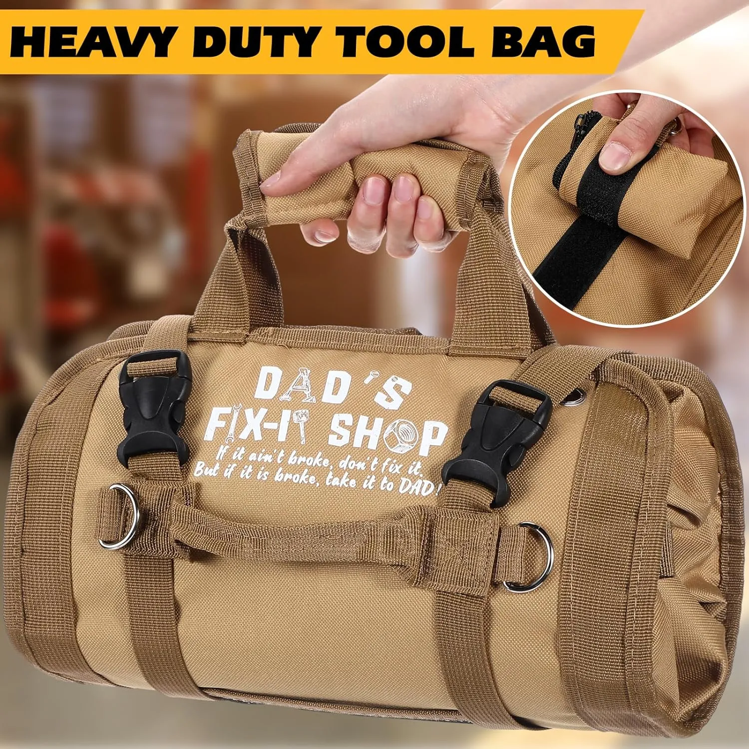 Sweetude Roll up Tool Bag and Kraft Paper Box Set for Men Heavy Duty Tool Bag Portable Tool Bag with Shoulder Strap and 2 Detachable Pockets Survival Kit for Dad Gifts(Khaki)