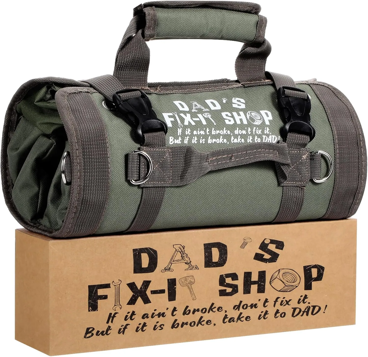 Sweetude Roll up Tool Bag and Kraft Paper Box Set for Men Heavy Duty Tool Bag with Shoulder Strap and 2 Detachable Pockets Survival Kit for Dad Gifts(Green)