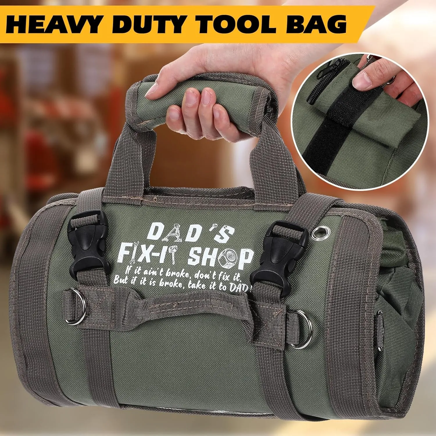 Sweetude Roll up Tool Bag and Kraft Paper Box Set for Men Heavy Duty Tool Bag with Shoulder Strap and 2 Detachable Pockets Survival Kit for Dad Gifts(Green)