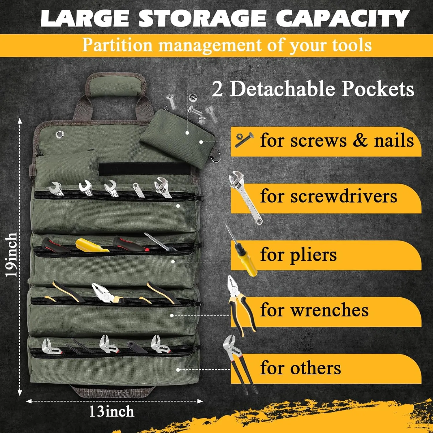 Sweetude Roll up Tool Bag and Kraft Paper Box Set for Men Heavy Duty Tool Bag with Shoulder Strap and 2 Detachable Pockets Survival Kit for Dad Gifts(Green)