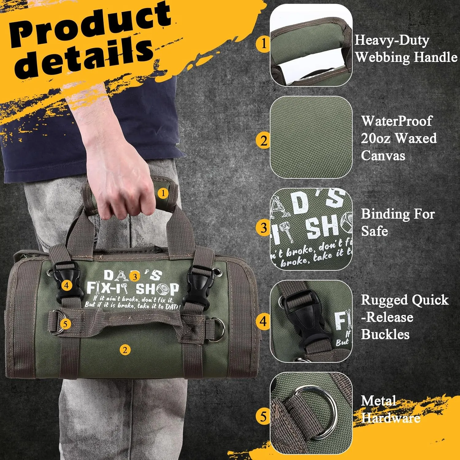 Sweetude Roll up Tool Bag and Kraft Paper Box Set for Men Heavy Duty Tool Bag with Shoulder Strap and 2 Detachable Pockets Survival Kit for Dad Gifts(Green)