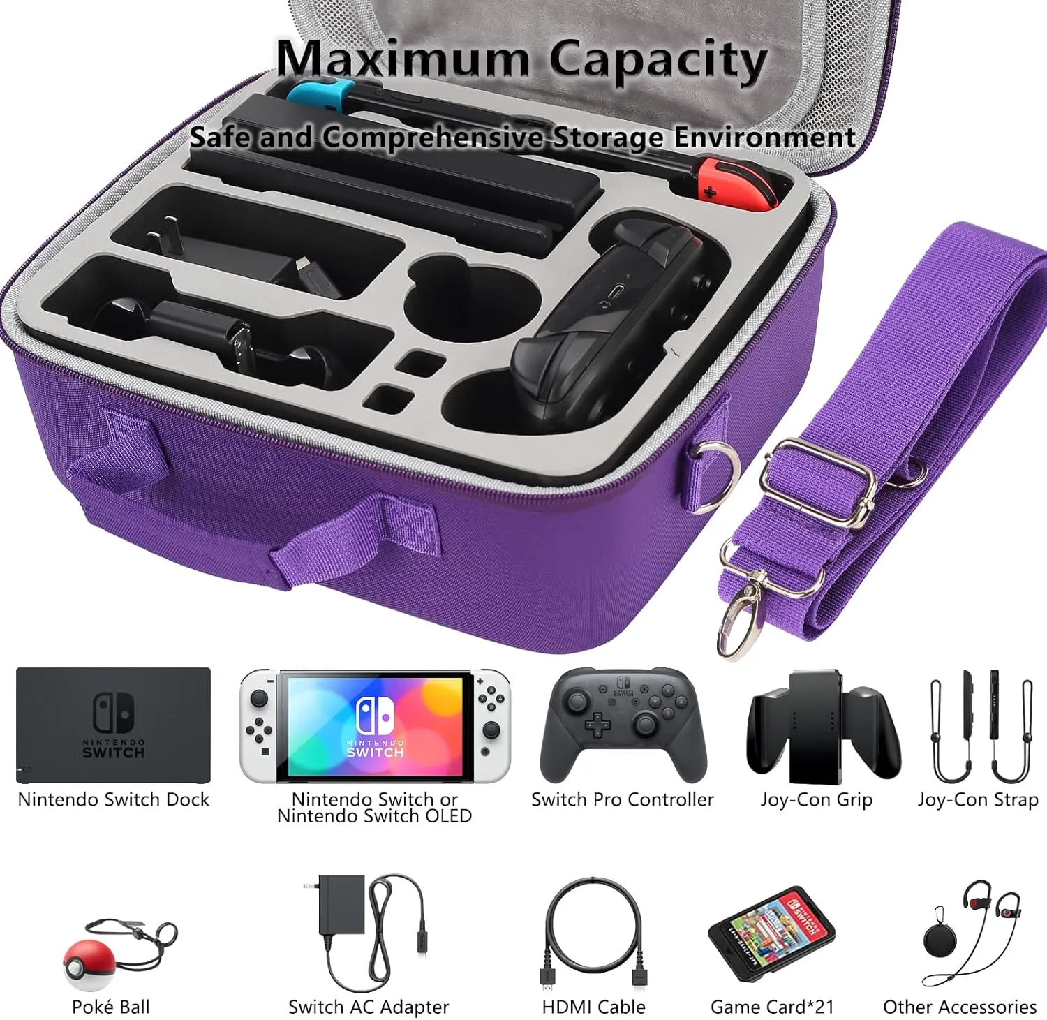 Switch Carrying Case Compatible with Nintendo Switch / Switch OLED, Professional Full Protection Travel Bag with Removable Strap for All Nintendo Switch Console Pro Controller Accessories