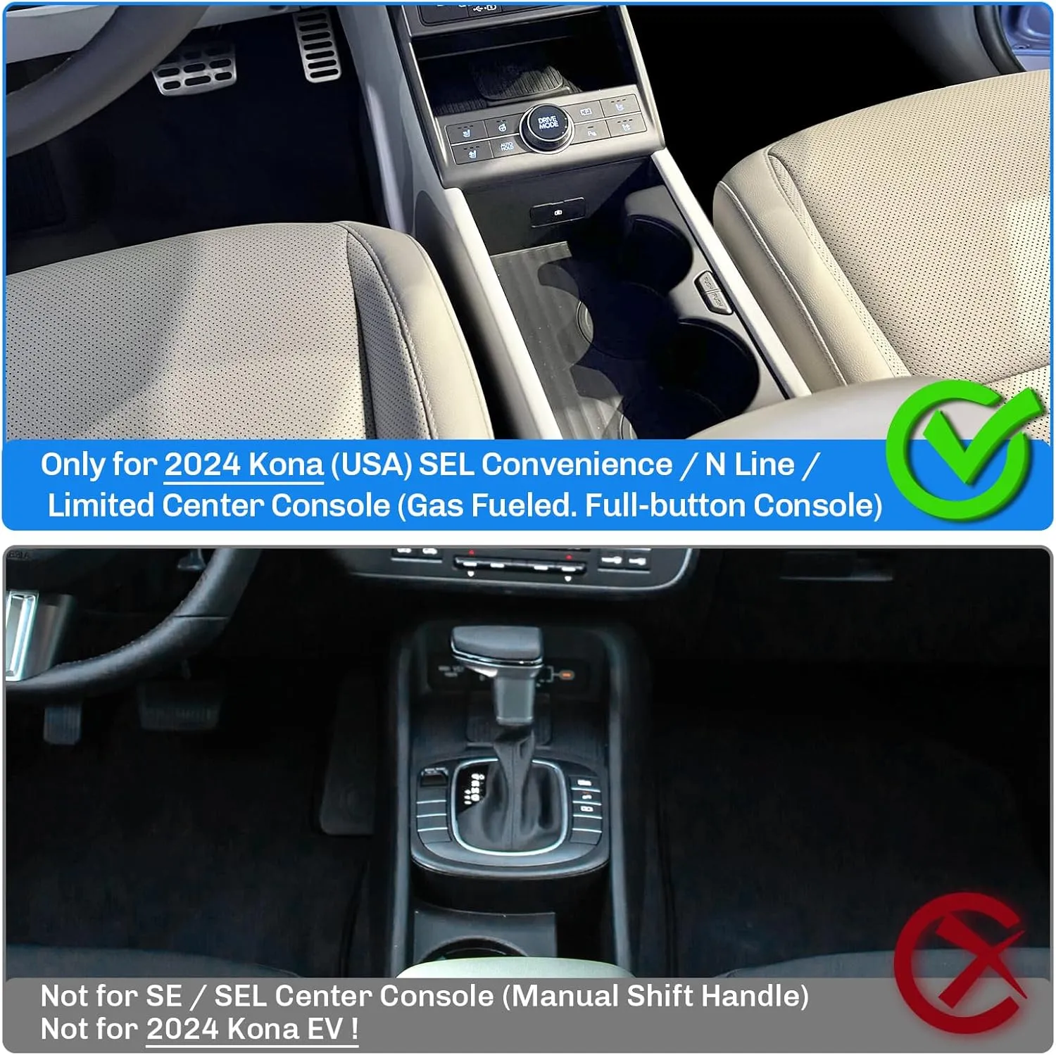 SXCY for 2024 2025 Hyundai Kona Center Console Organizer for 2025 Hyundai Kona Console Tray 2024 Kona SEL Conv./ N-line Limited Accessories 2024 Kona Gas Fueled Full-Button Console (2pcs Box Black)