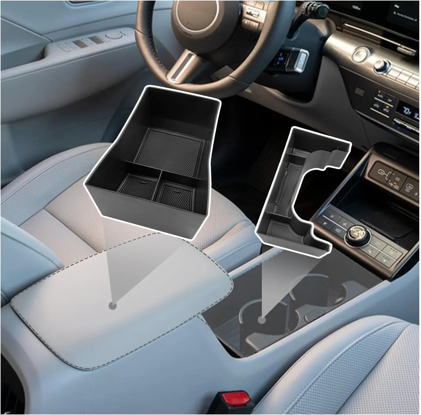 SXCY for 2024 2025 Hyundai Kona Center Console Organizer for 2025 Hyundai Kona Console Tray 2024 Kona SEL Conv./ N-line Limited Accessories 2024 Kona Gas Fueled Full-Button Console (2pcs Box Black)