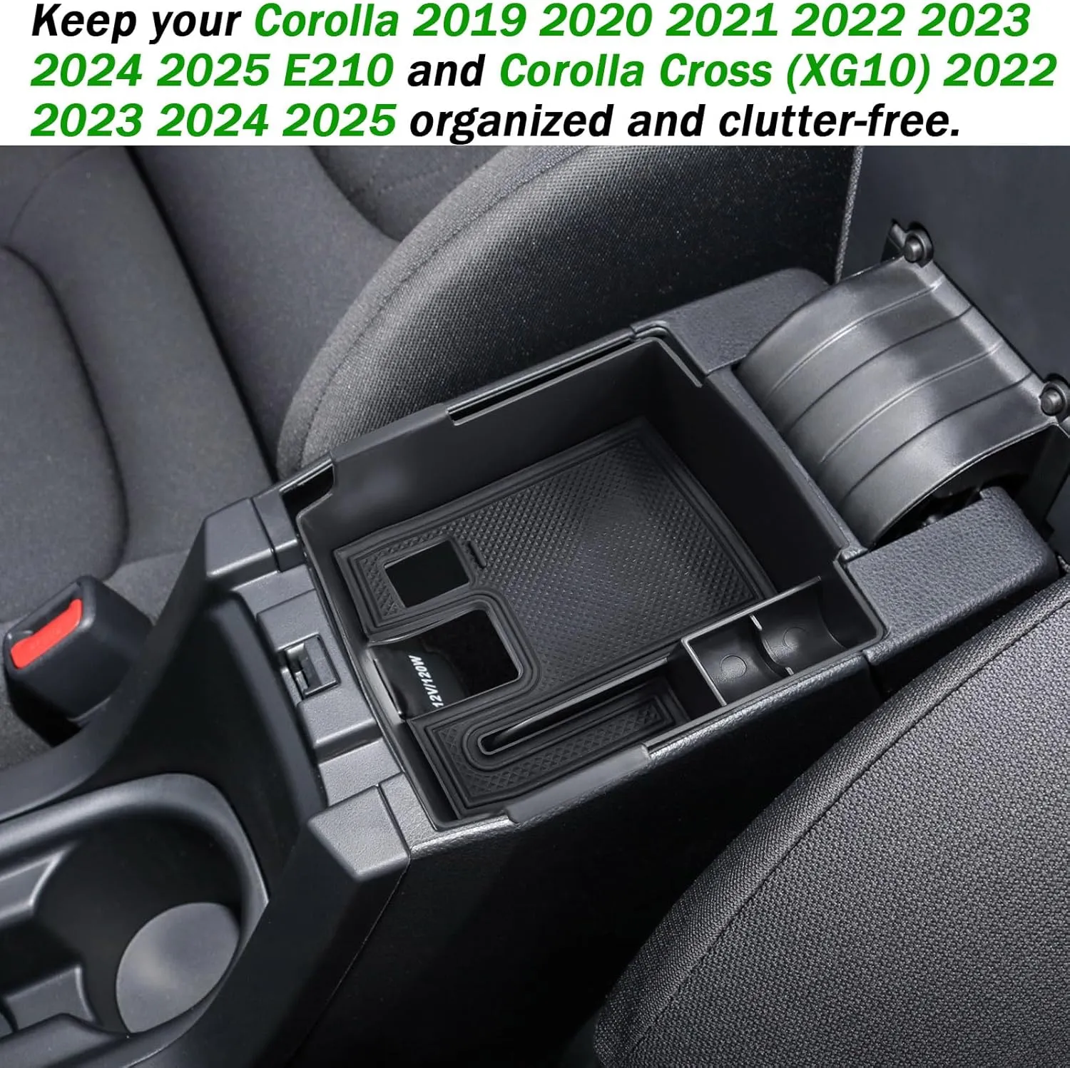 TACOBRO Center Console Organizer Compatible with Toyota Corolla Cross (XG10) 2022 2023 2024 2025 and Corolla 2019-2024 2025 E210, Maximize Space with Tray, Charging Port Coin Holder for Armrest Black