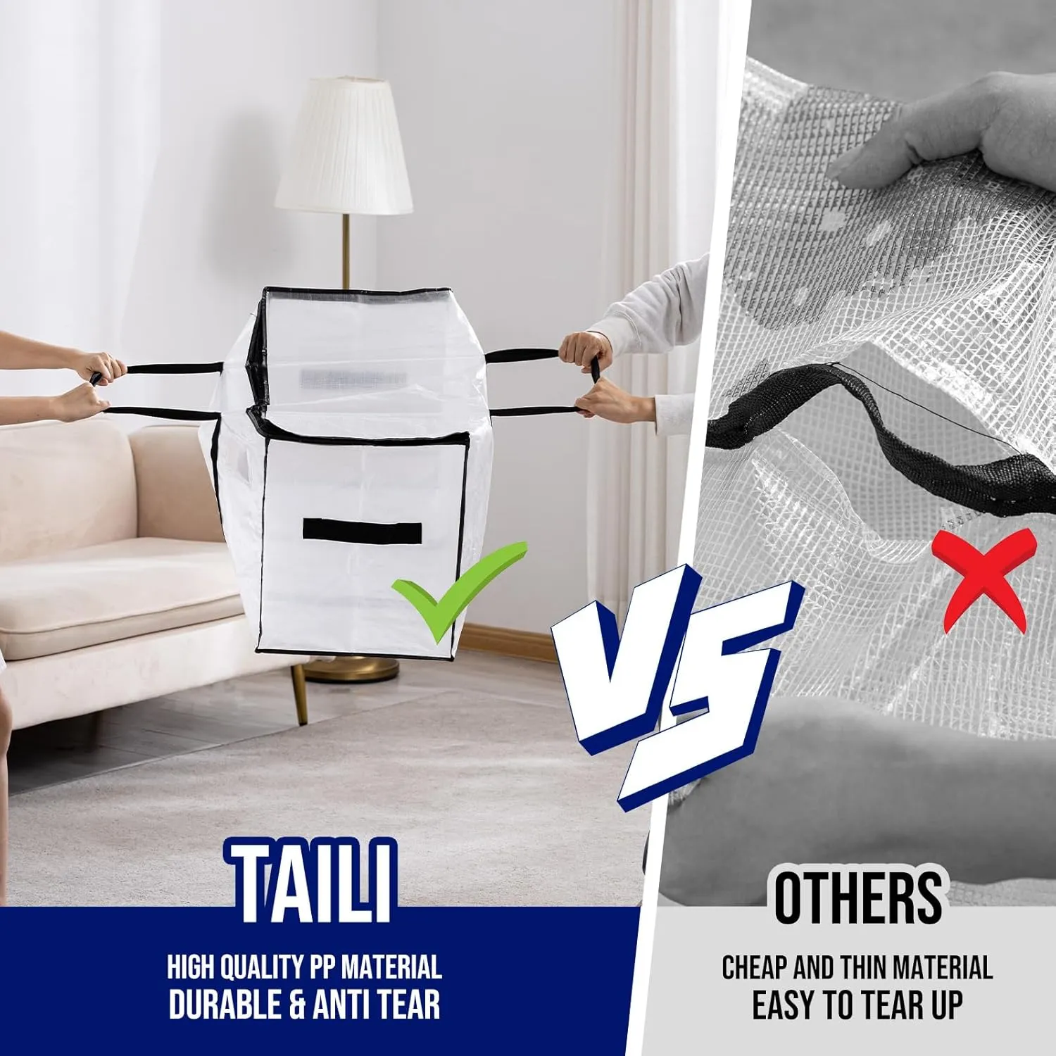 TAILI Extra Large Moving Bags, 2 Pack Clear Heavy Duty Totes For Storage with Visible Window, Wrap Around Handles, Storage Bags for Space Saving, Alternative to Moving Boxes