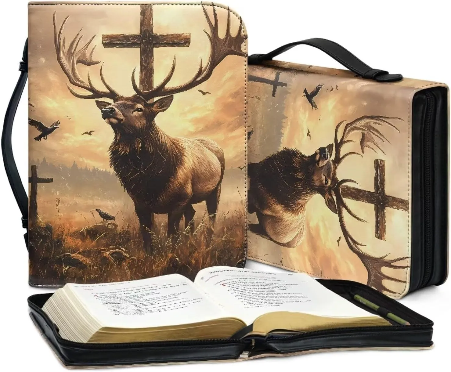 Talayituse Deer Cross Forest Print Faux Leather Bible Cover for Men Women - Lightweight Christian Case With Handle - Waterproof Book Carrying Protector Tote Bag Handbag, M