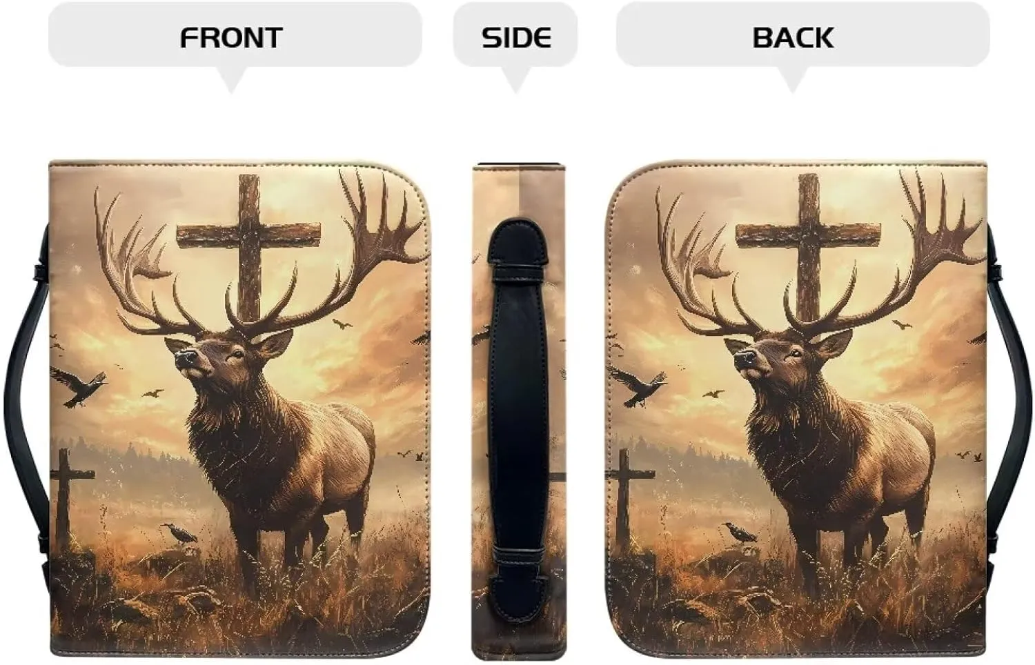 Talayituse Deer Cross Forest Print Faux Leather Bible Cover for Men Women - Lightweight Christian Case With Handle - Waterproof Book Carrying Protector Tote Bag Handbag, M