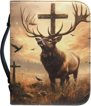 Talayituse Deer Cross Forest Print Faux Leather Bible Cover for Men Women - Lightweight Christian Case With Handle - Waterproof Book Carrying Protector Tote Bag Handbag, M