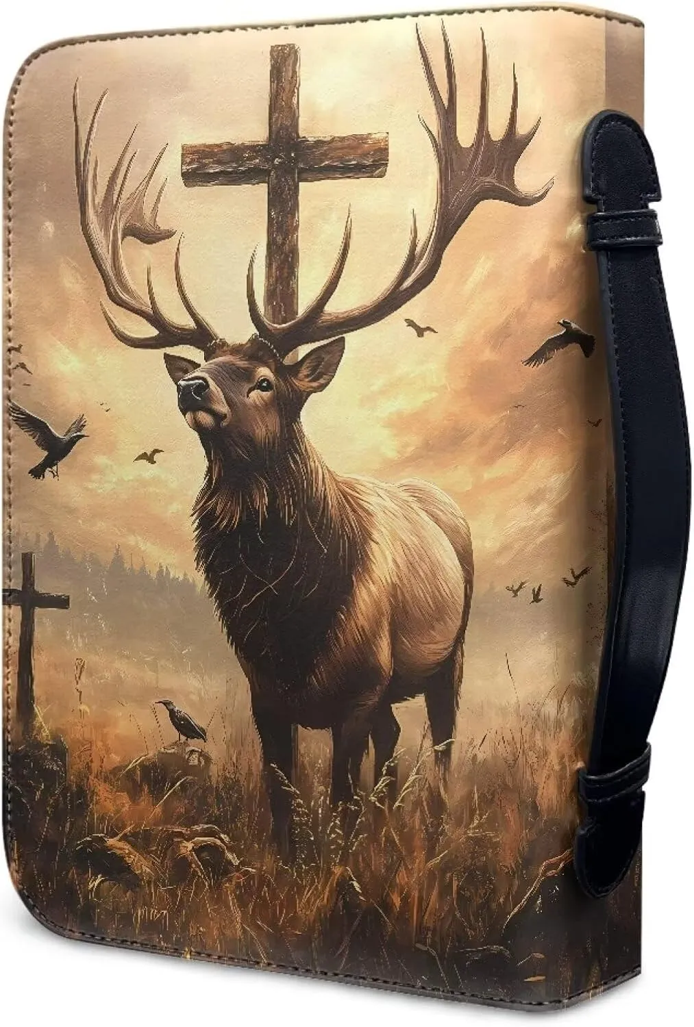 Talayituse Deer Cross Forest Print Faux Leather Bible Cover for Men Women - Lightweight Christian Case With Handle - Waterproof Book Carrying Protector Tote Bag Handbag, M