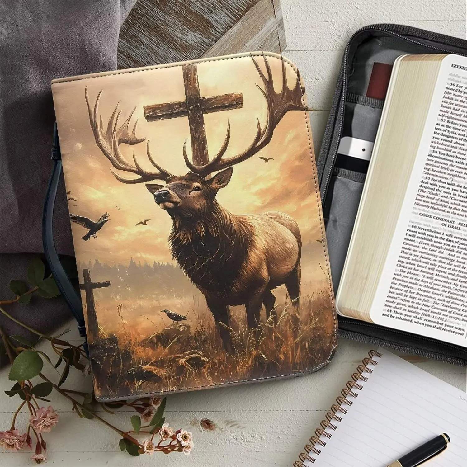 Talayituse Deer Cross Forest Print Faux Leather Bible Cover for Men Women - Lightweight Christian Case With Handle - Waterproof Book Carrying Protector Tote Bag Handbag, M