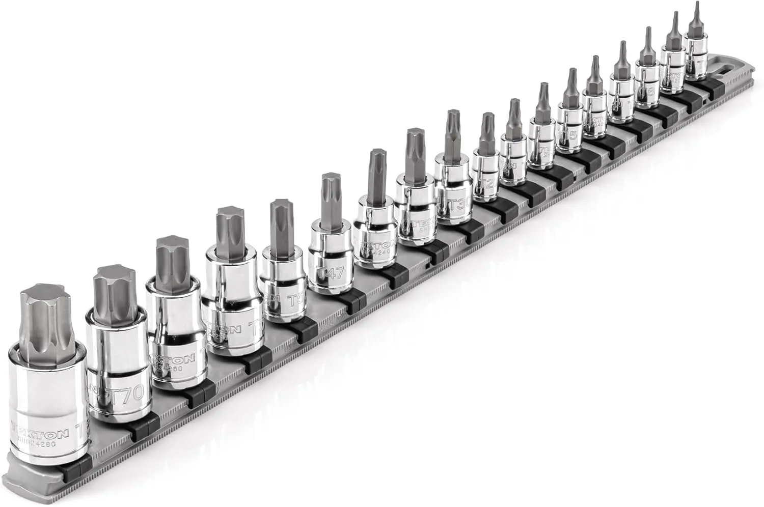 TEKTON 1/4, 3/8, 1/2 Inch Drive Torx Bit Socket Set with Rail, 18-Piece (T6-T80) | SHB99103
