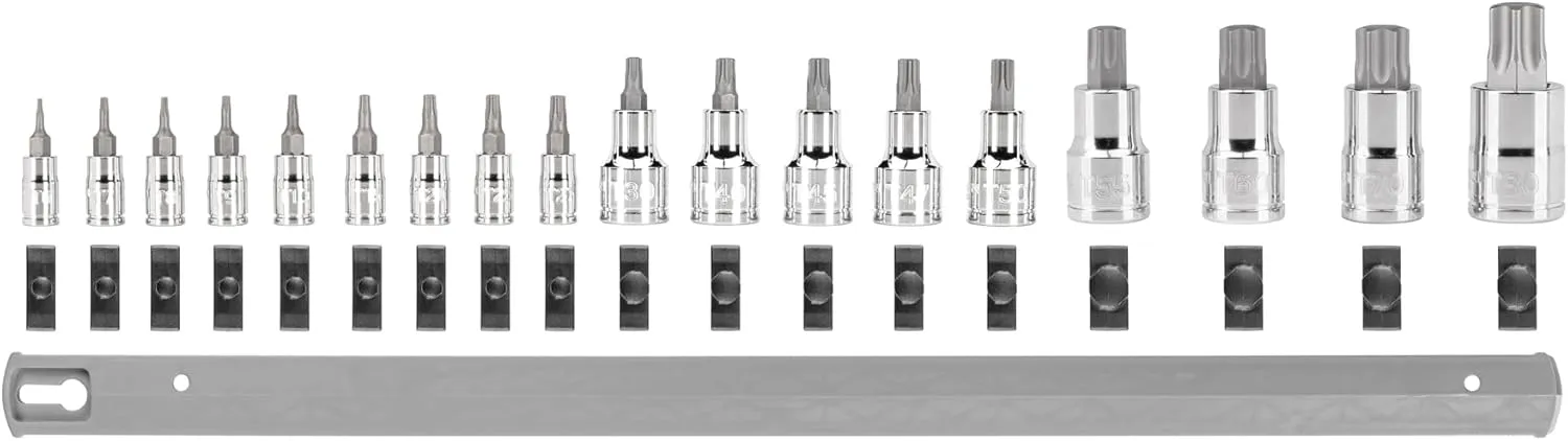 TEKTON 1/4, 3/8, 1/2 Inch Drive Torx Bit Socket Set with Rail, 18-Piece (T6-T80) | SHB99103