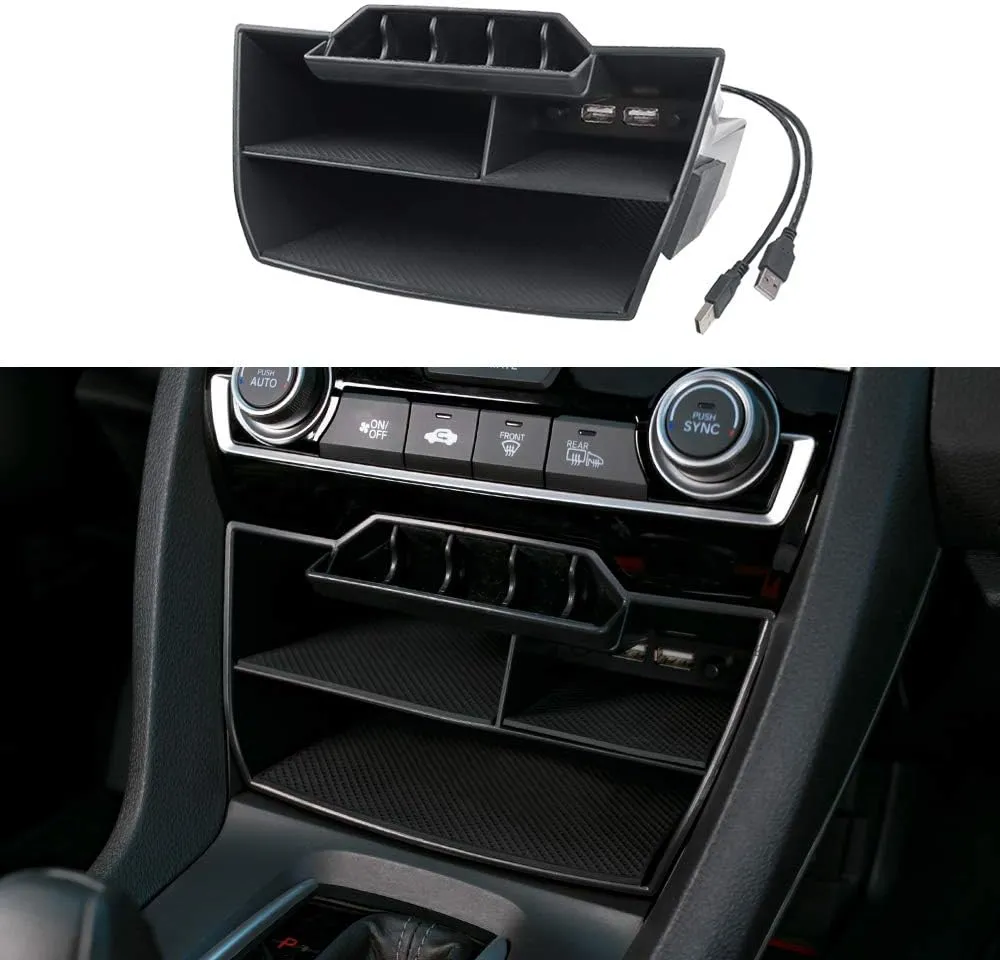 Thenice for 10th Gen Civic Central Console Storage Box Coins Trays Cards Organizer with USB Extension Cable Compatible with Honda Civic 2016 2017 2018 2019 2020 2021
