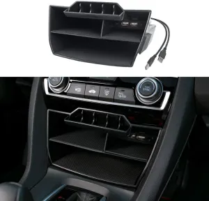 Thenice for 10th Gen Civic Central Console Storage Box Coins Trays Cards Organizer with USB Extension Cable Compatible with Honda Civic 2016 2017 2018 2019 2020 2021