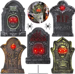 Thremhoo 17” Halloween Decorations Outdoor Tombstones Light Up with 2 Spiders & Spiderweb Headstones for Graves Scary Yard Sign Vintage Glow In The Dark RIP Cemetery Lawn Decor