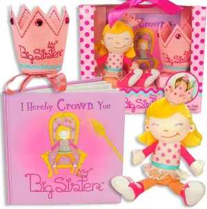 Tickle & Main 3 Pcs Big Sister Gifts for Girls, Includes I Hereby Crown You Big Sister Book, Soft Cloth Doll, and Child Size Crown for Announcing a New Sibling, Educational and Engaging