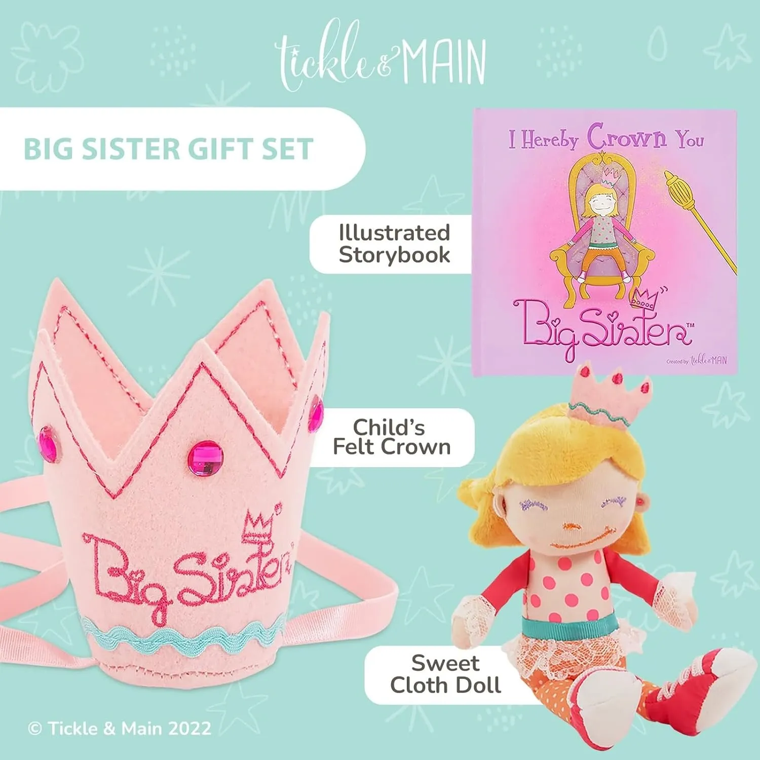 Tickle & Main 3 Pcs Big Sister Gifts for Girls, Includes I Hereby Crown You Big Sister Book, Soft Cloth Doll, and Child Size Crown for Announcing a New Sibling, Educational and Engaging
