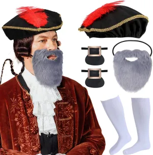 Tigeen 4 Pcs Renaissance Costume for Men Women, Renaissance Accessories Include Medieval Hat with Beard, White Socks, Historical Gold Shoe Buckle for Colonial Costume Parade Party