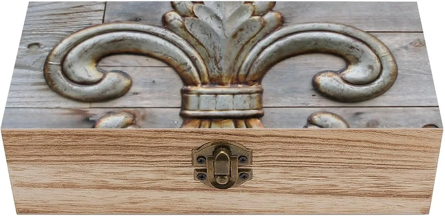 Tin Fleur-de-lis Detail Extra Large Rectangle Wood Box Craft Stash Boxes Treasure Chest Boxes Wooden Storage Box