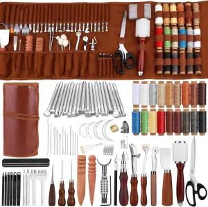 TLKKUE Leather Working Tool Leatherworking Tool Kit with Custom Storage Bag for Carving Punching Sewing Stamping, Essential Supplies for DIY Leather Crafts