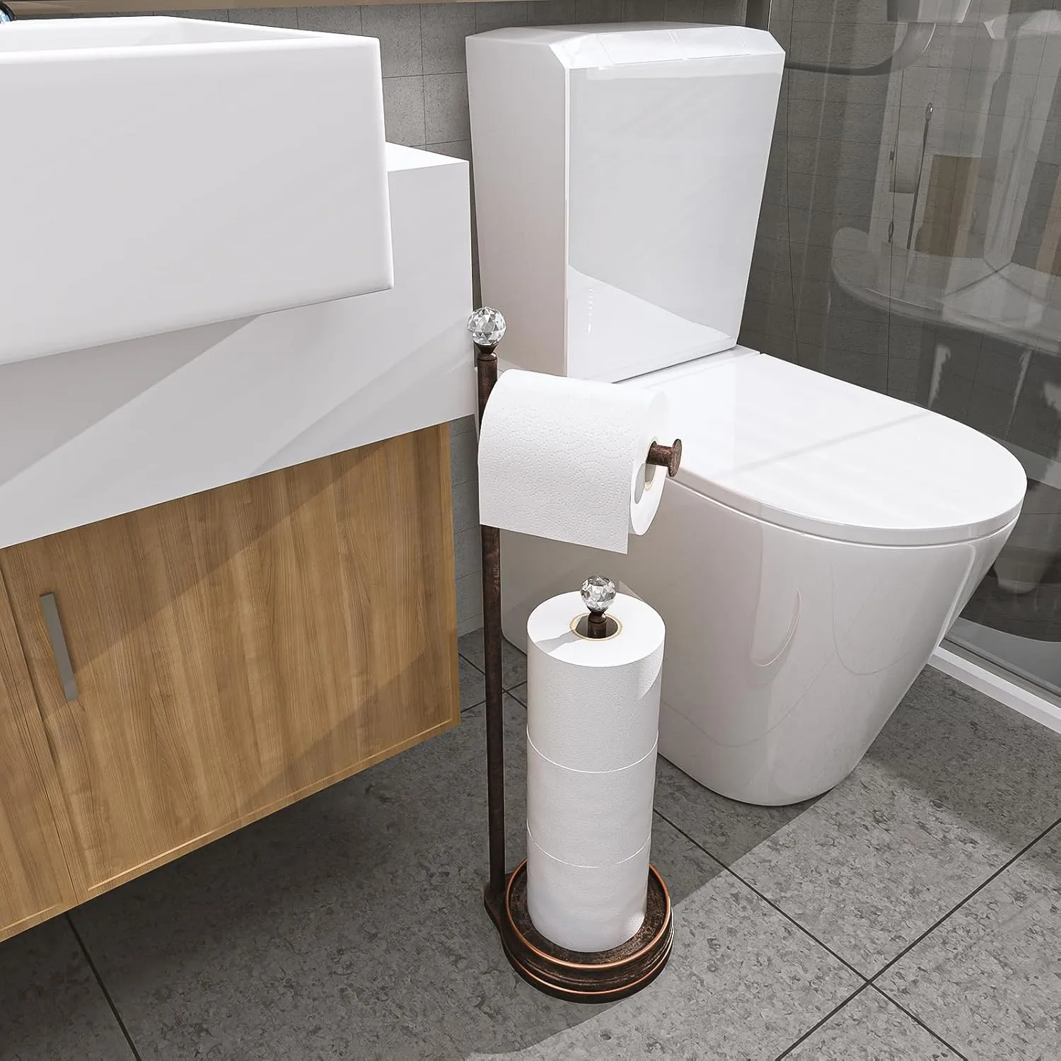Toilet Paper Holder for Bathroom, Heavy Weighted Metal Free Standing Toilet Paper Holder Stand with Crystal Ball, Toilet Paper Roll Stand for Bathroom Accessories (Oil Rubbed Bronze)