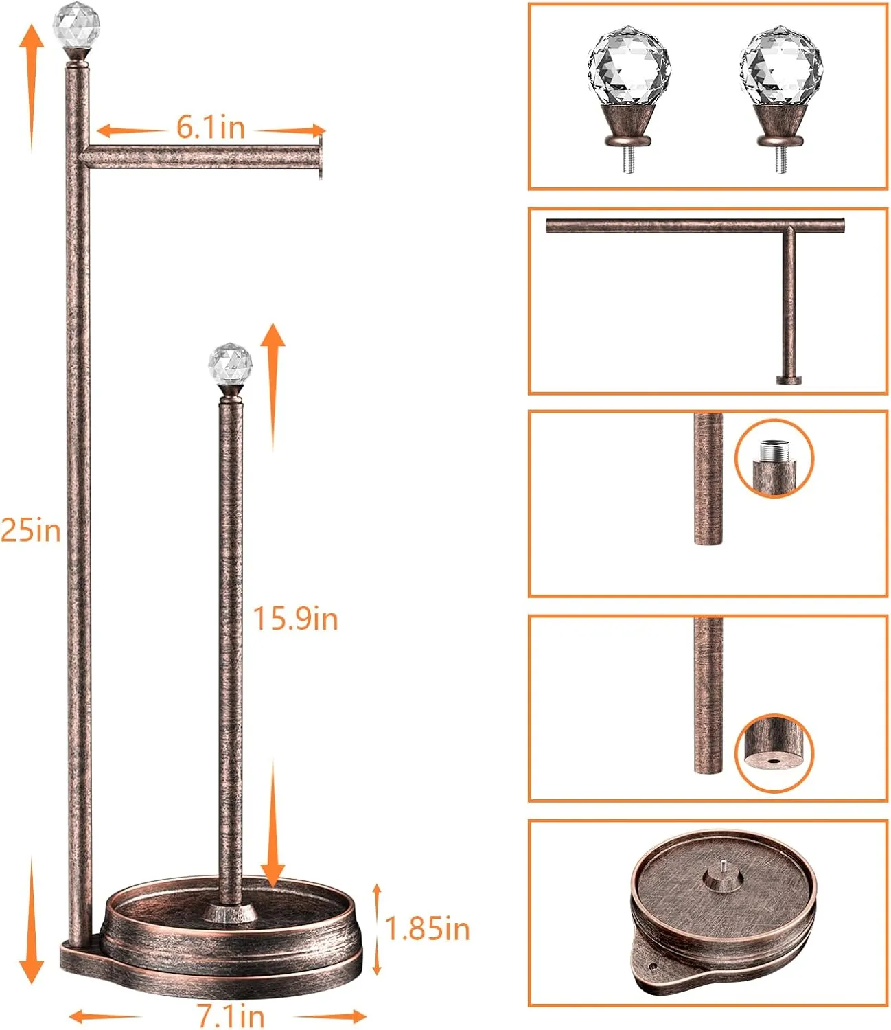 Toilet Paper Holder for Bathroom, Heavy Weighted Metal Free Standing Toilet Paper Holder Stand with Crystal Ball, Toilet Paper Roll Stand for Bathroom Accessories (Oil Rubbed Bronze)